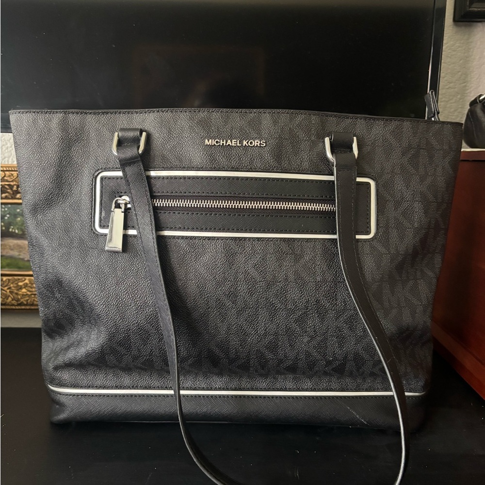 Michael Kors Black Structured Satchel with Silver Hardware